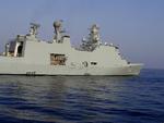 The Danish support vessel Absalon, which currently houses five pirates who are to be tried in the Netherlands. 