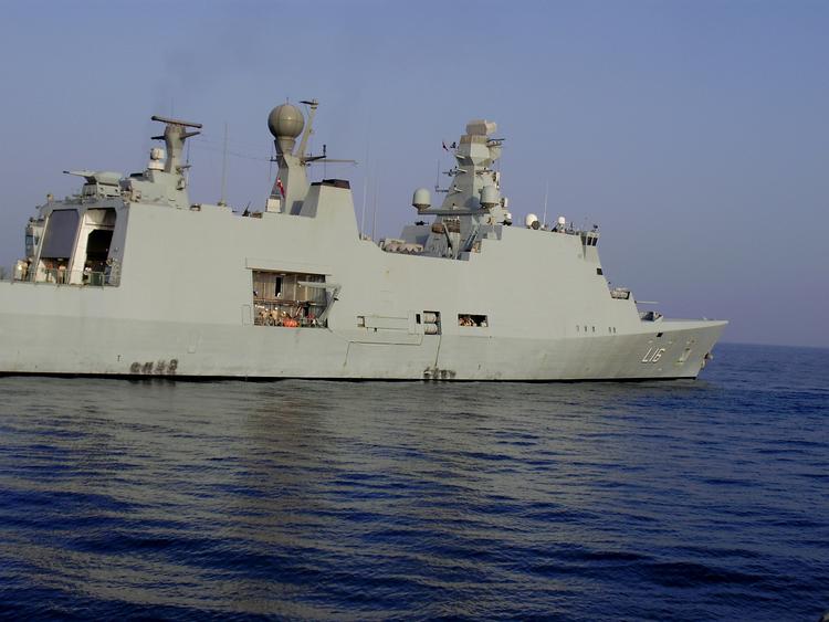 The Danish support vessel Absalon, which currently houses five pirates who are to be tried in the Netherlands. 