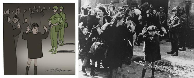 Per Marquard Otzens tegning ved siden af arkivfotoet fra Warszawa i 1943. Se billederne i større udgave nederst. Foto: Collage 