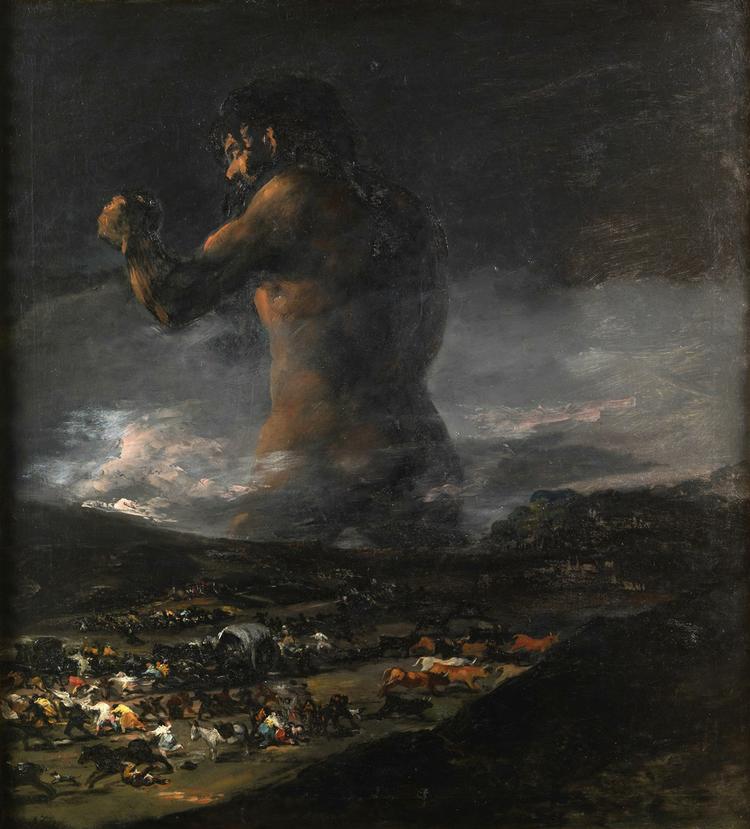 Prado Museet i Madrid har længe haft mistanken. Nu skulle det være bevist, at det ikke var Francisco de Goya, der malede mesterværket 'Kolossen'.  AP-foto af 'Kolossen'. 