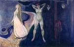 Dramaet om et maleri. Edvard Munch havde særlige grunde til at regne Henrik Ibsens 'Når vi døde vågner' (1899) for sit stykke. Her genkendte han nemlig spor af sine egne billeder, bl.a. 'Kvinden i tre stadier' (1893-95). Forskere har siden givet Munch ret, men er det nu også rigtigt, spørger den amerikanske forfatter Joan Templeton. Illustration fra bogen. 