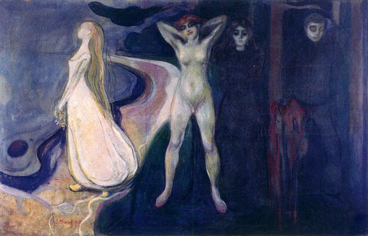 Dramaet om et maleri. Edvard Munch havde særlige grunde til at regne Henrik Ibsens 'Når vi døde vågner' (1899) for sit stykke. Her genkendte han nemlig spor af sine egne billeder, bl.a. 'Kvinden i tre stadier' (1893-95). Forskere har siden givet Munch ret, men er det nu også rigtigt, spørger den amerikanske forfatter Joan Templeton. Illustration fra bogen. 
