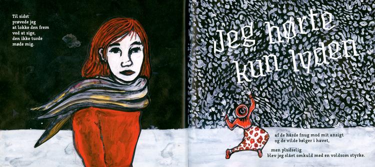 'Vinden jeg kaldte isbjørn' kan godt læses for børn, men den er  snarere et kunstværk for voksne med en flertydig fortælling og Knud Oddes dramatiske  illustrationer. Opslag fra bogen 