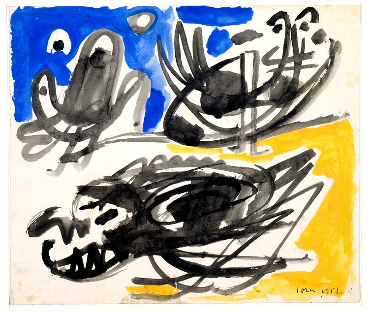 Asger Jorn er tilbage i sit elskede Paris med 105 tegninger og akvareller, blandt andet denne, 'Uden titel' fra 1951. Foto: Lars Bay 