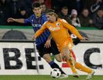 Der spekuleres til det sidste i, hvorvidt César Santin når at blive klar til kampen mod Manchester City. Her ses angriberen i FCK's seneste europæiske kamp mod Brugge. Arkivfoto. 