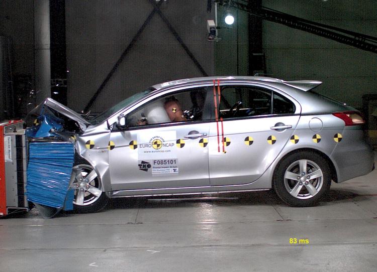 Mitsubishi Lancer Sportback slap fra den seneste crashtest hos Euro NCAP  med de maksimale fem stjerner. 