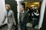 Social Democratic Party Leader Helle Thorning-Schmidt and Socialist People's Party Leader Villy Søvndal leaving negotiations on the government's tax reform package. 