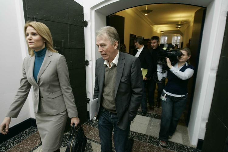Social Democratic Party Leader Helle Thorning-Schmidt and Socialist People's Party Leader Villy Søvndal leaving negotiations on the government's tax reform package. 