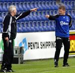 Ove Christensen (tv.) og John 'Faxe' Jensen (th.), tidligere i AB og Brøndby, skal fortsat opføre sig ordentligt, når Vejle og Randers FC mødes i Superligaen. Arkivfoto. 