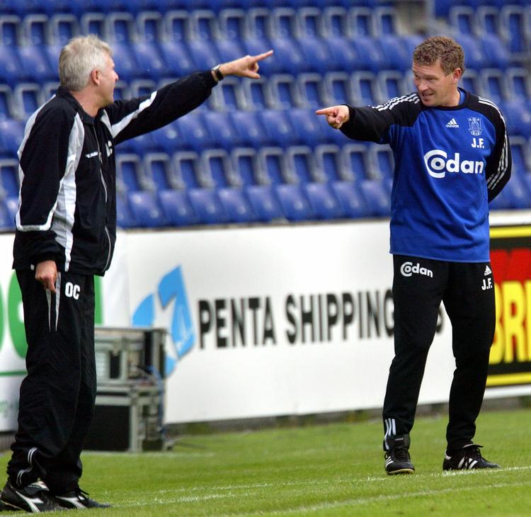 Ove Christensen (tv.) og John 'Faxe' Jensen (th.), tidligere i AB og Brøndby, skal fortsat opføre sig ordentligt, når Vejle og Randers FC mødes i Superligaen. Arkivfoto. 