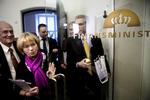Danish People's Party Leader Pia Kjærsgaard leaving the Ministry of Finance. 