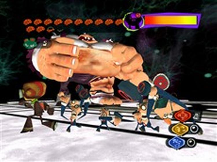Banerne i  Psychonauts  er besøg i forskellige hjerner, hvor man ofte bliver jagtet af meget surrealistiske monstre. Som her, hvor vores helt Rasputin (tv.) løber spidsrod mellem habitklædte såkaldte censorer (th.). 