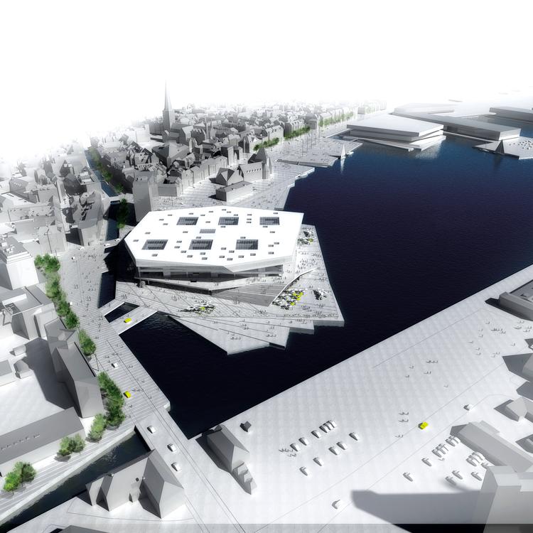 Havneby. Schmidt, Hammer &amp; Lassen, Kristine Jensens Tegnestue m.fl. vandt i går Århus’ arkitektkonkurrence om en ny bydel ved vandet med multimediehus (i forgrunden). Hele projektet inklusive trafikomlægninger vil stå klar i 2015, Multimediehuset et år før. 