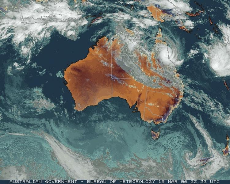 I 2006 hærgede cyklonen Larry den nordøstlige del af Australien. Satellitbillede. 