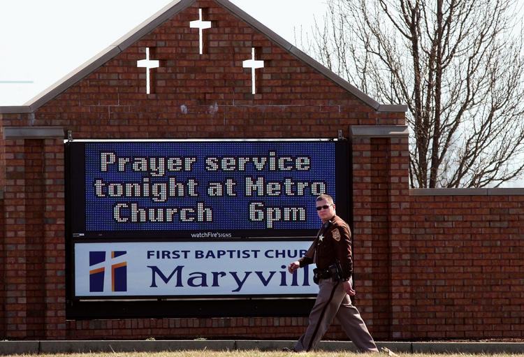 Baptistkirken I Maryville, Illinois, hvor en mand i går trængte ind og skød og dræbte en præst. 