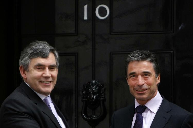 The British Prime Minister Gordon Brown with Denmark's Prime Minister Anders Fogh Rasmussen outside 10 Downing Street in February. 