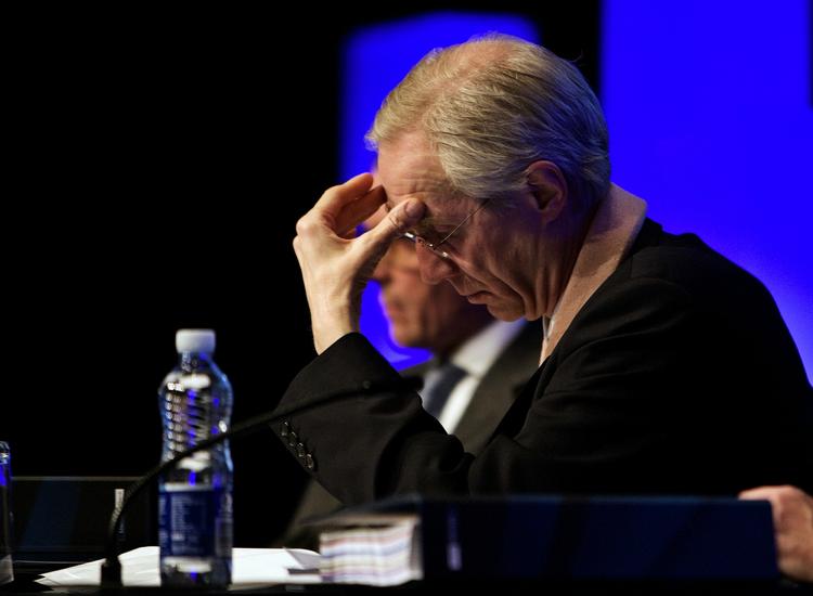 Peter Straarup på generalforsamlingen i Danske Bank tidligere på månden. Nu forudser banken, at 2009 bliver et ekstremt hårdt år med økonomisk tilbagegang. 
