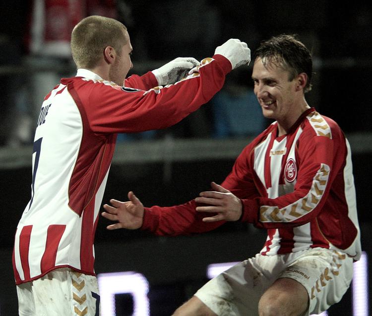 Anders Due (til venstre) og  Andreas Johansson har været to af AaB' s nøglespillere i de europæiske kampe. Arkivfoto. 