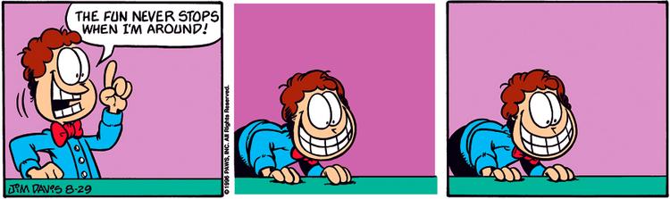 Irske Dan Walsh har haft stor succes på internettet med de absurde tegneserier, hvor han har fjernet 'hovedpersonen', katten Garfield. Nu er kun Harald tilbage.  Illustration: Dan Walsh på baggrund af Jim Davis' originale striber 
