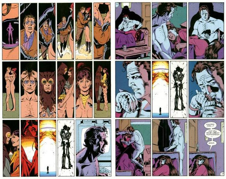 Med 'Watchmen' kaster forfatteren Alan Moore et andet lys på begrebet 'superhelt'. Her er det de pensionerede superhelte Dan Dreiberg og Laurie Juspeczyk, der efter et mislykket elskovsforsøg finder hinanden i en drøm og beslutter, at de stadig har brug for den spænding, som det giver at være superhelt. Illustration: Dave Gibbons 