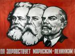 Karl Marx, Friedrich Engels og Lenin på klassisk plakat med teksten: Længe leve marxistisk leninisme. 