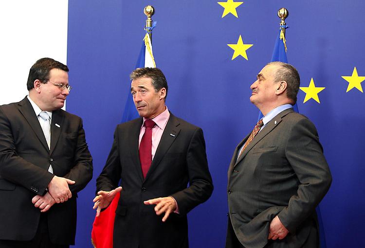 Denmark's Prime Minister Anders Fogh Rasmussen, flanked by the Czech Foreign Minister Karel Schwarzenberg (right) and Czech Deputy Premier Aleksander Vondra. Schwarzenberg has previously said that Fogh Rasmussen was an 'interesting candidate' for the post of NATO secretary-general. 