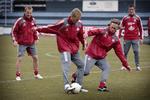 Lars Jacobsen, Søren Larsen, Per Krøldrup og Michael Jakobsen var tilbage på træningsbanen i dag efter en lykkelig lørdag i VM-kvalifikationen. 