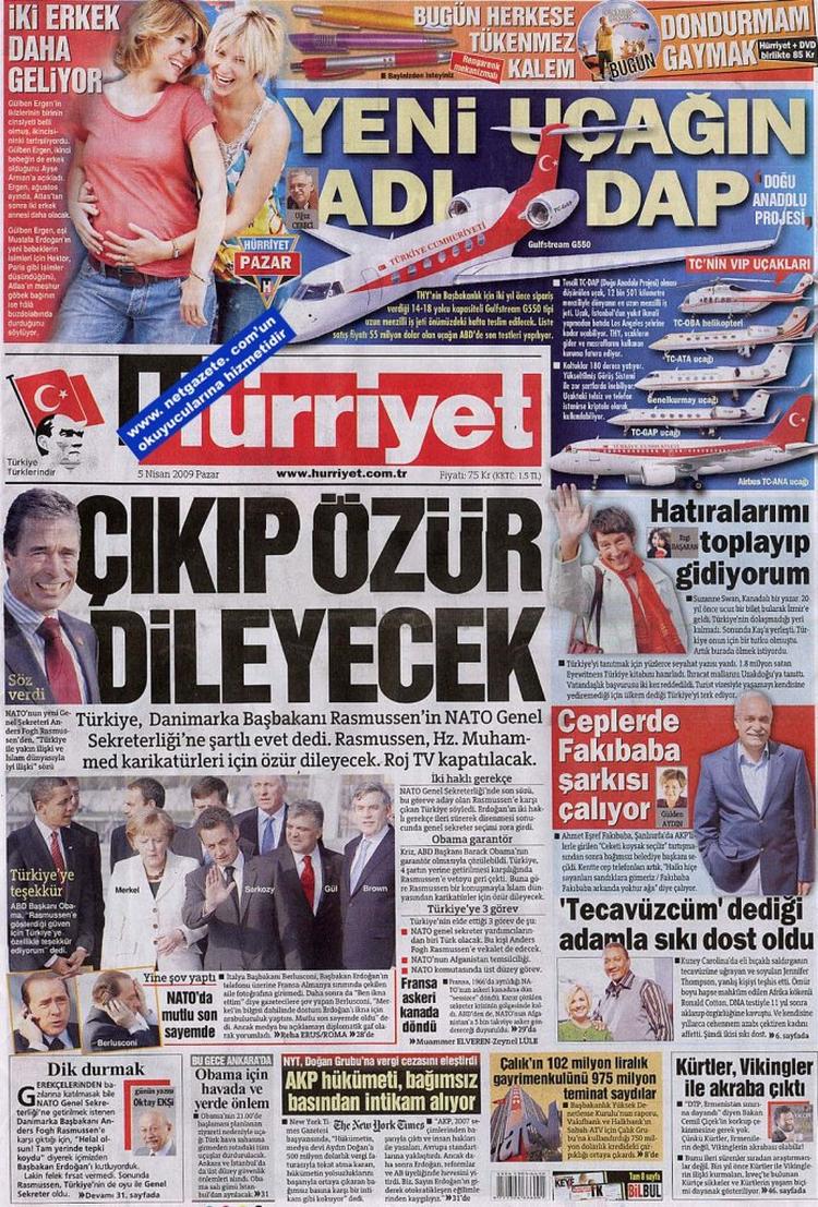 Tyrkiets største dagblad 'Hürriyet' blæser hen over forsiden op til Anders Fogh Rasmussens undskyldning til Tyrkiet, når den nye Nato-generalsekretær holder sin første tale i Istanbul. 