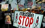 Demonstranter i Sydkorea protesterede i weekenden om Nordkoreas raketaffyring. Arkivfoto. 