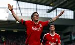Daniel Agger jubler over sit flotte langskudsmål syv minutter før tid i Liverpools kamp mod Blackburn. 