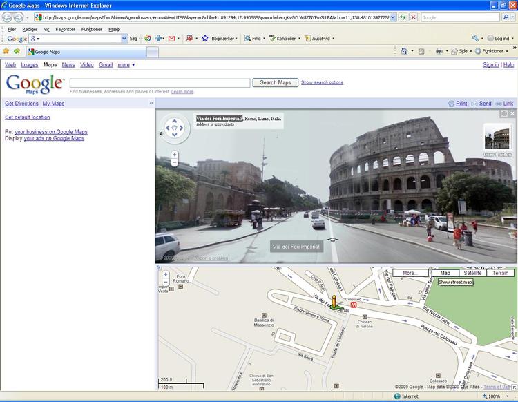 Google Maps' street view giver mulighed for at zoome helt ned på gadeniveau. Her er vi på vej ned ad Via dei Fori Imperiali i Italiens hovedstad, Rom. 