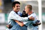 Randers' måscorer til 2-0,  Mikkel Beckmann (t.v.) lykønskes af holdkammeraterne Tidiane Sane, i midten, og Jan Frederiksen. 