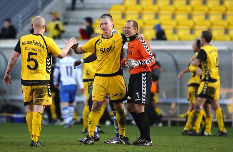 Spillerne fra AC Horsens sejrede overraskende i forårets anden kamp med en sejr over OB. Arkivfoto. 