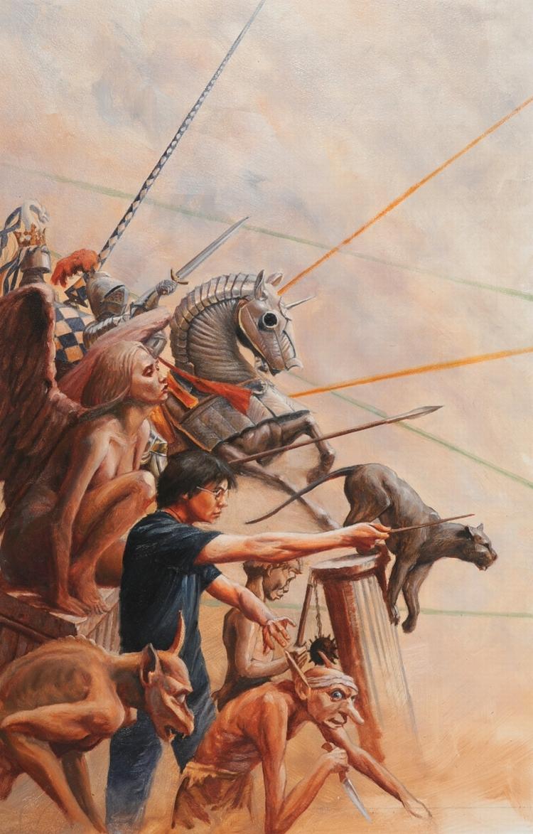 Per Jørgensens forside til 'Harry Potter og Dødsregalierne', 2007. Illustrationen er udført med olie på gessogrundet syrefrit akvarelpapir og måler 57 x 37 cm. Foto: Lauritz.com 