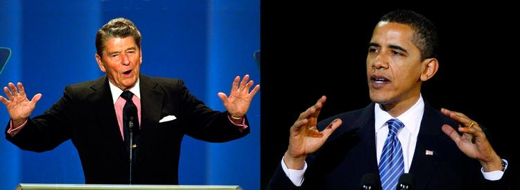 Selv i deres måde at være forskellige på ligner de hinanden. Reagan var skeptisk over for staten, mens Obama er skeptisk over for markedet. Reagans retorik var uforsonlig, mens Obamas er kompromissøgende. Foto: Ron Edmonds og Gerald Herbert 