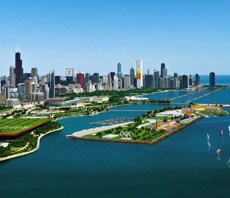 Sådan forestiller Chicago-kampagnen sig, at der kan se ud ved det anlæg ud til Lake Michigan, der skal huse bl.a. sejlsportskonkurrencerne. Arkivfoto. 