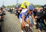 Tom Boonen i fuld flugt hen over brosten i Paris-Roubaix, som han vandt i år. Nu har stjernen gemt sig i sin millionvilla. Arkivfoto. 