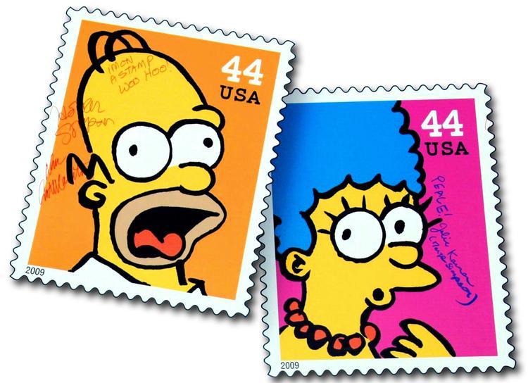 Det er seriens skaber, Matt Groening, der har tegnet det originale motiv poå frimærkerne. Foto: Damian Dovarganes/AP 