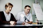 Archive photo from a news conference this March.  Spokeswoman Camilla Holstein and Evangelist Chairman Josef Berg. 