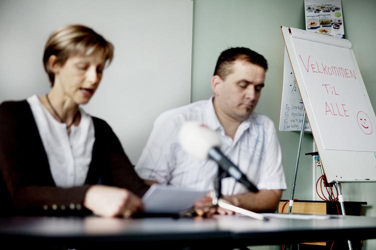 Archive photo from a news conference this March.  Spokeswoman Camilla Holstein and Evangelist Chairman Josef Berg. 