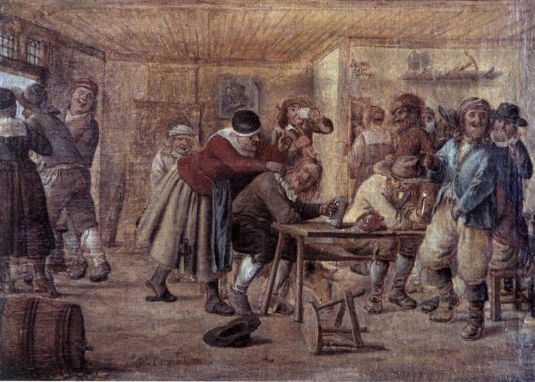 Pastoren (yderst til højre) er gået på smugkro med pibekrave og røgtobak. Billedet er malet af Govert Camphuysen omkring 1650. Foto: Malmö Museer 