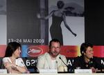 Lars von Trier (centre) with leading Antichrist actors Charlotte Gainsbourg and Willem Dafoe during Monday’s press conference. 