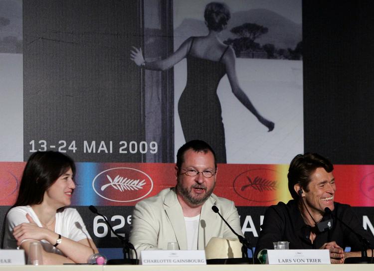Lars von Trier (centre) with leading Antichrist actors Charlotte Gainsbourg and Willem Dafoe during Monday’s press conference. 