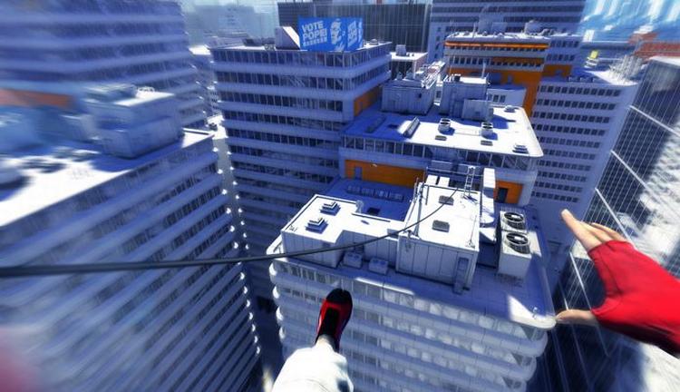 Mirror's Edge hedder det svenske vinderspil, hvor man springer fra skyskraber til skyskraber i 40. sals højde. Foto: Mirror's Edge. 