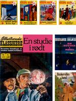 KULØRT. 'Forbrydelsens elementer' åbenbarer et mylder af livlige bogomslag, hvilket kompletterer den flydende fremstilling. Illustrationer: Fra bogen/ det danske Sherlock Holmes Museum 