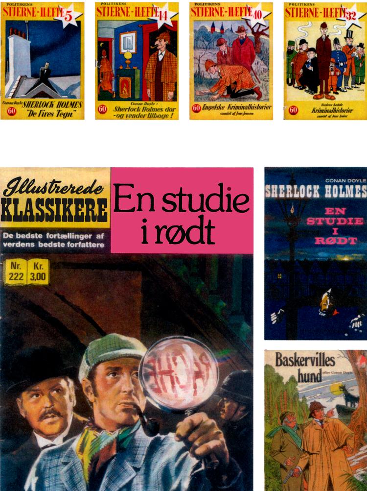 KULØRT. 'Forbrydelsens elementer' åbenbarer et mylder af livlige bogomslag, hvilket kompletterer den flydende fremstilling. Illustrationer: Fra bogen/ det danske Sherlock Holmes Museum 