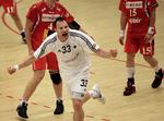 FCK Vukasin Rajkovic jubler efter endnu en scoring under den første DM-finale mellem FCK Håndbold og KIF Kolding, som FCK vandt 34-32. 
