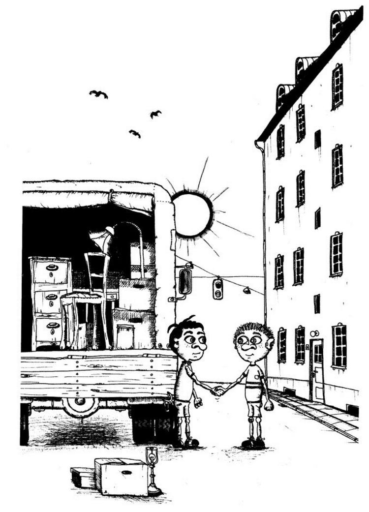 Bogen er gennemillustreret af Bjørn Klausen i ren retro. Her tager to drenge afsked med hinanden - for altid. 