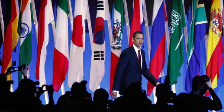 Barack Obama på vej på talerstolen ved G20-topmødet i London 1. april. 