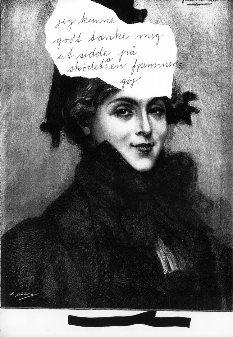Sort-hvide kollager, fotokollager af frivolt og barokt tilsnit, optryk af kuriøse dokumenter m.m. består fuldkommen uantastet i Victor B. Andersen's Maskinfabrik. Illustration fra nr. 37, 34. årgang 